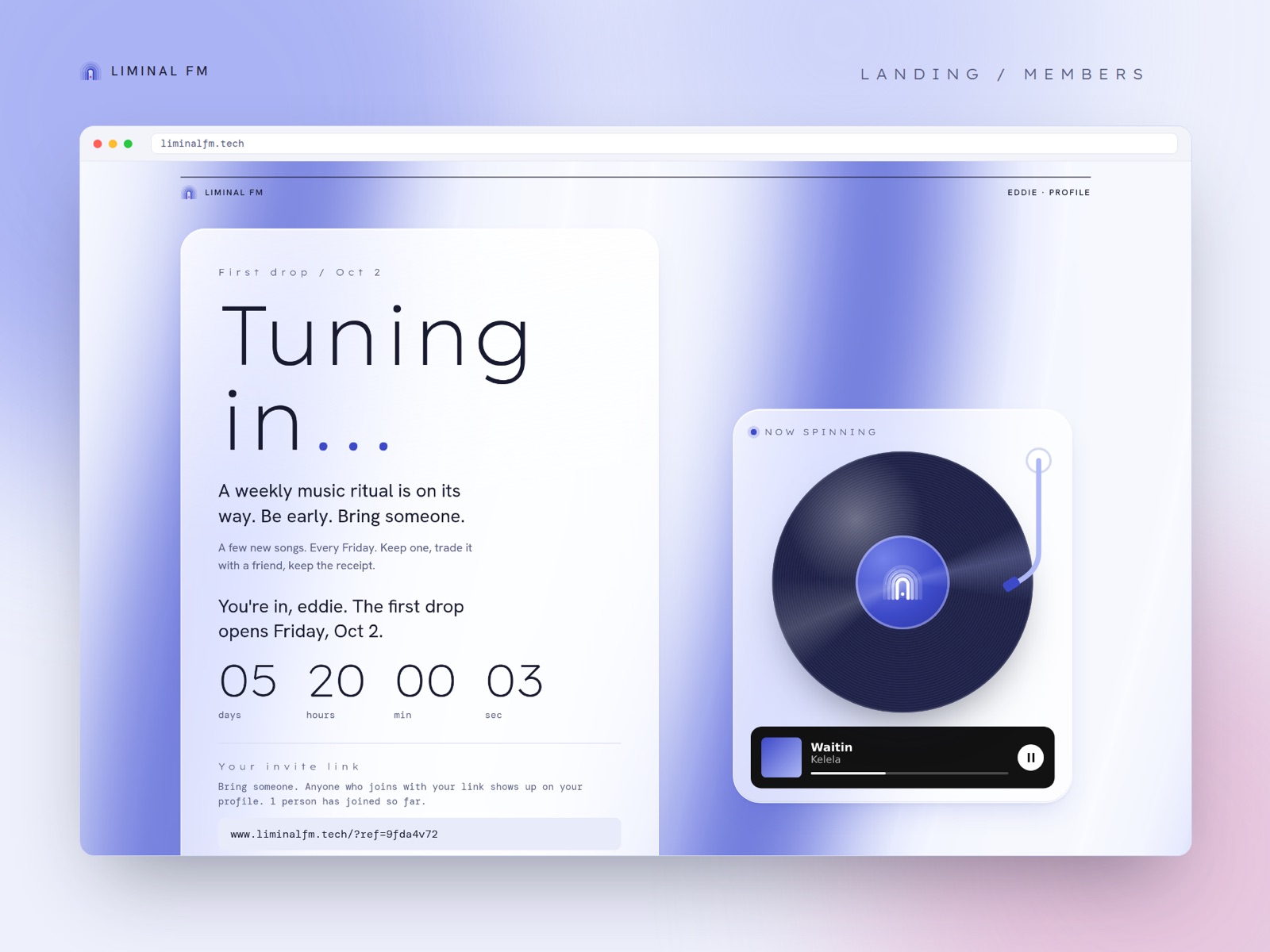 Landing page with 'Tuning in...' countdown and a spinning record