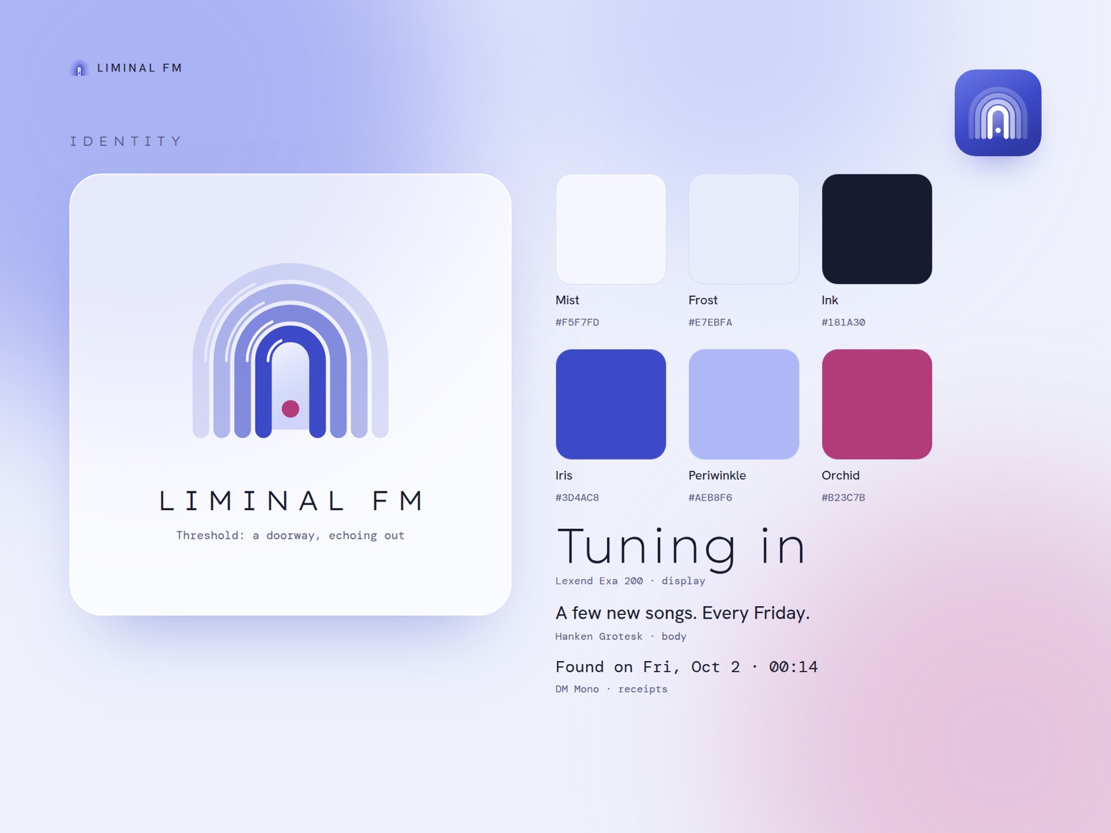 LIMINAL FM identity: doorway logo, six-color palette, and type specimens