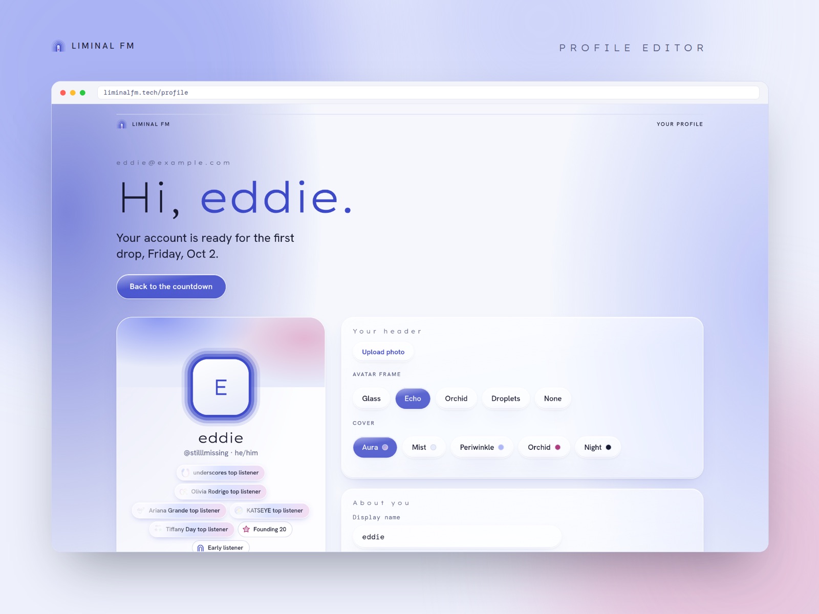 Profile editor with avatar frames and cover colors
