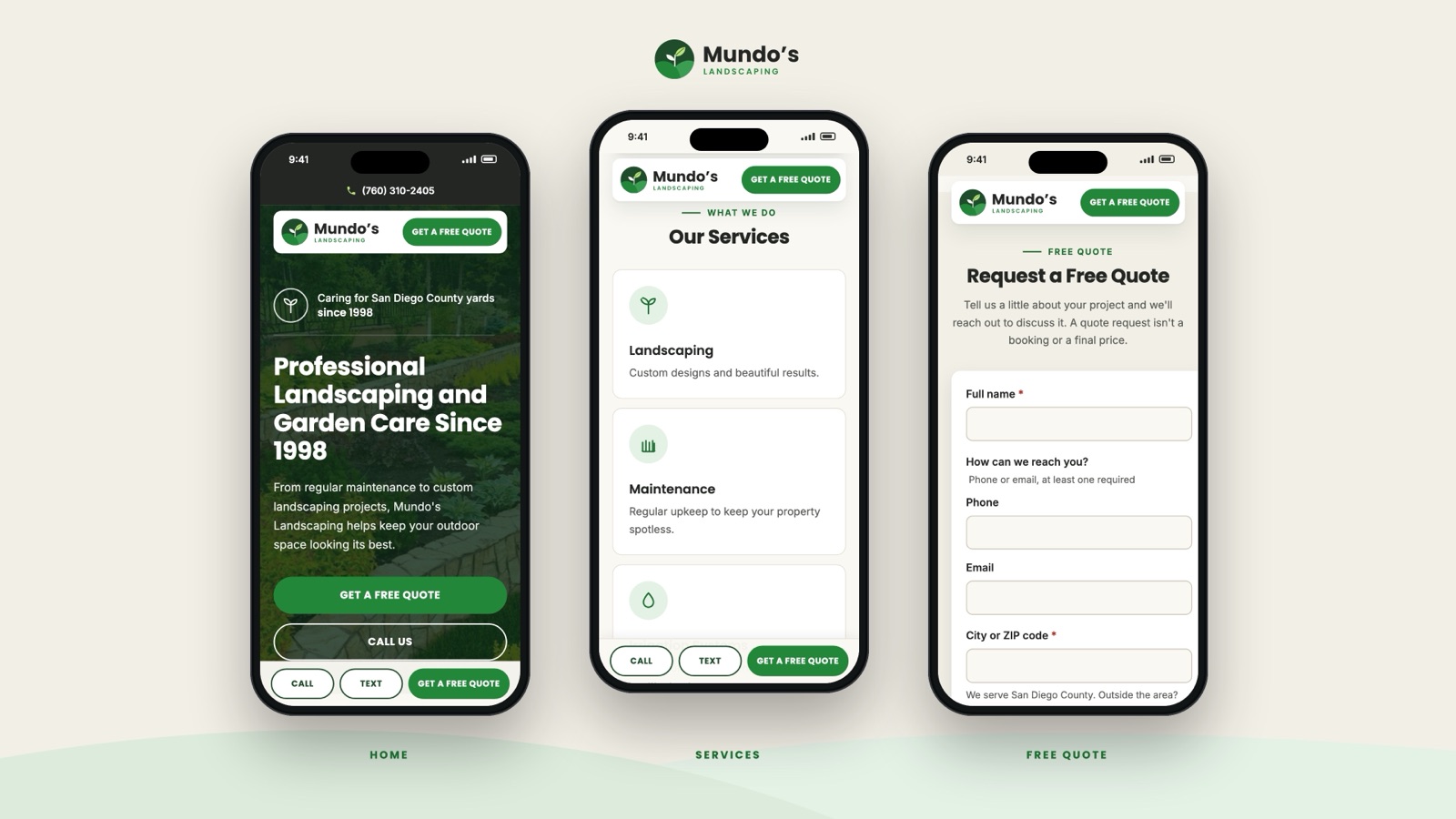 Three phone screens of the Mundo's site: home, services and free quote form