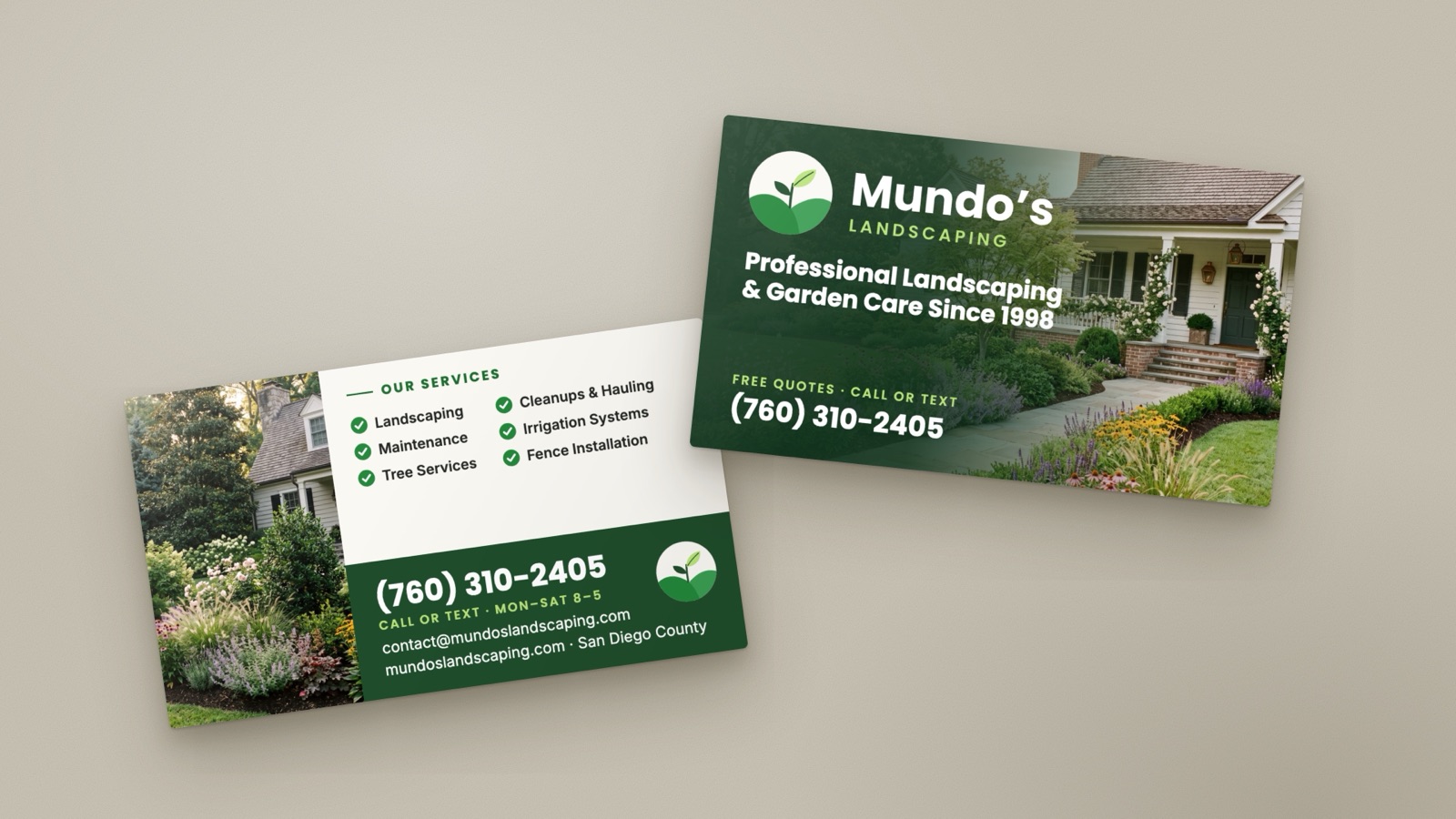 Mundo's Landscaping business cards, front and back